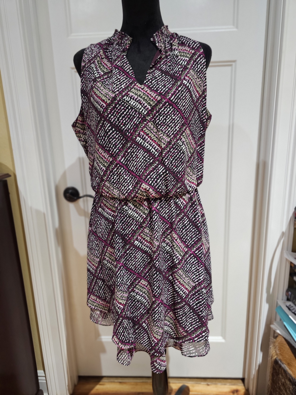 White House Black Market Sleeveless Patterned Midi Dress in Pink and Black